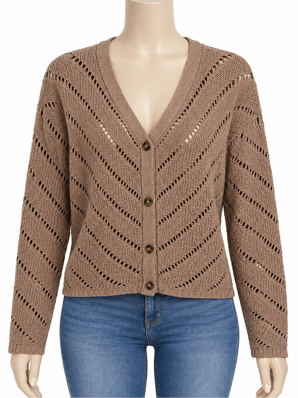 RD Style Open-Knit Button Cardigan - Taupe